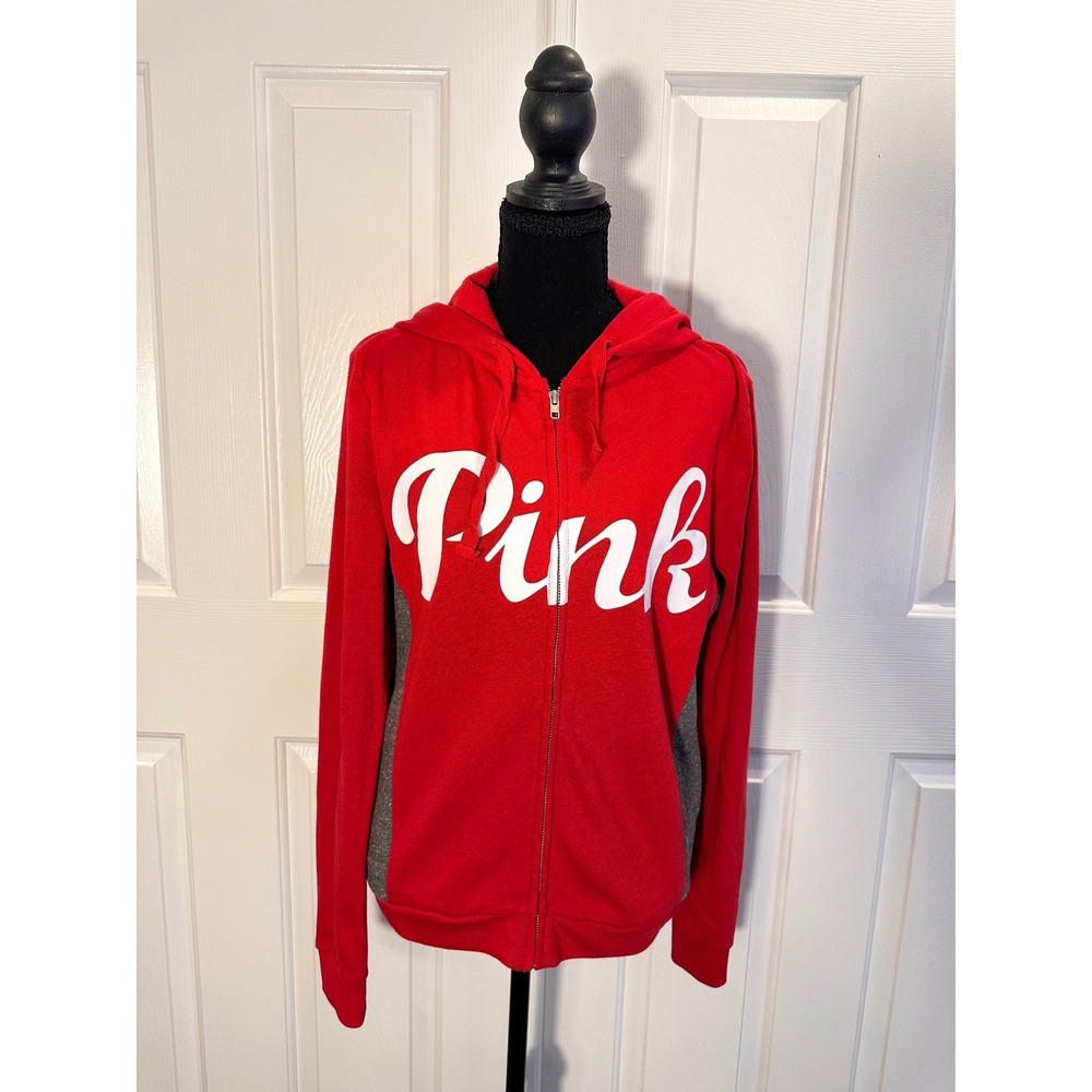 Victoria's Secret PINK Red Gray Full Zip Hoodie Sweatshirt Script Logo Small